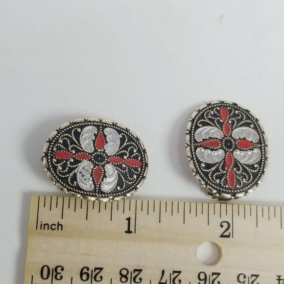 Vintage Black and Red Enamel Oval Clip On Earrings, Made in Western Germany - Picture 5 of 7